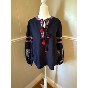Free The Roses Navy Blue Embroidered Tassel Peasant Blouse Cotton Linen Small
